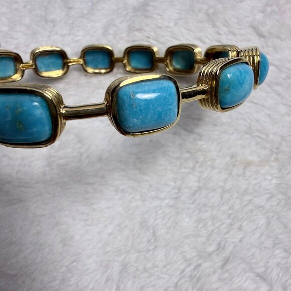 Blue Kingman Turquoise Bangle Bracelet 18k Gold Over Silver JTV Vintage 8" Jewel - Picture 9 of 10
